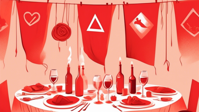 An illustrated guide to 10 dating red flags, depicted as actual red flags in a romantic dinner setting, with each flag showing a symbol representing a warning sign, under a soft, cautionary glow.