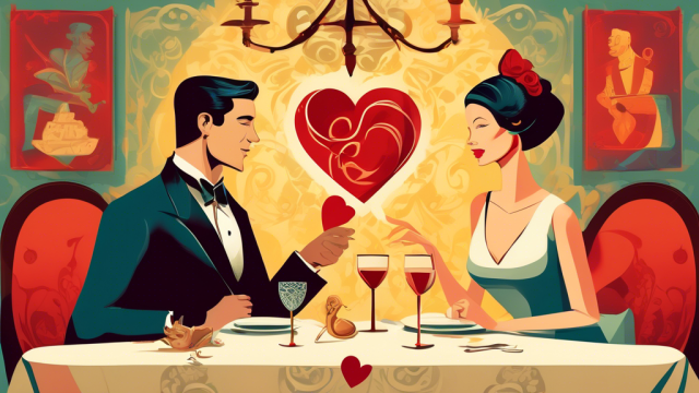 An elegant couple having a conversation over a fancy dinner, with symbolic images of rules such as a heart, a lock, and a contract subtly integrated into the background, all depicted in a tasteful, artistic manner.