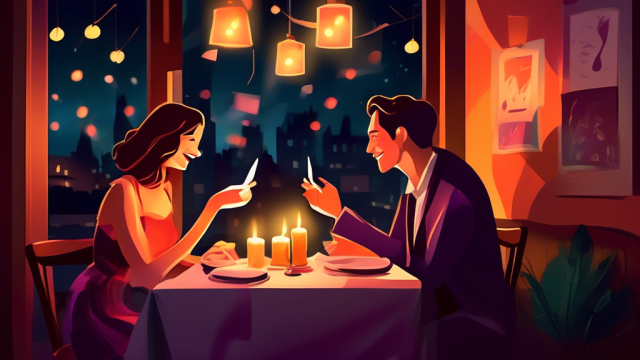 Two people on a romantic candlelit dinner date, each holding a card with conversation starter questions, in a cozy restaurant with soft background lighting and a violinist playing, capturing a magical and relaxed atmosphere.