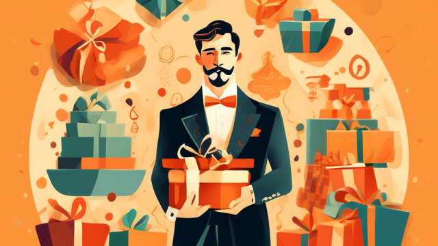 A sophisticated gentleman surrounded by luxury, offering a guiding hand and presenting gifts, with symbols of stability and generosity in the background, in a warm, inviting color scheme.