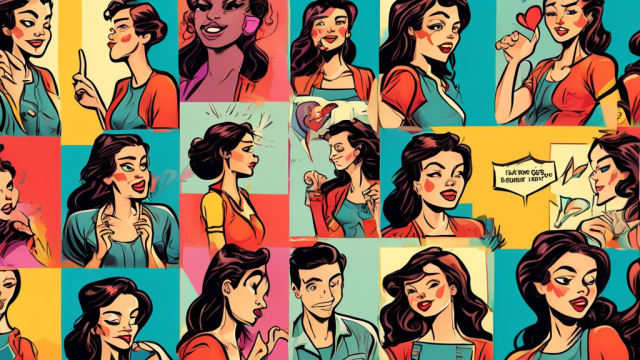 An illustrated guide showcasing 20 distinct gestures and expressions of a woman indicating romantic interest, in a colorful and engaging comic book style.