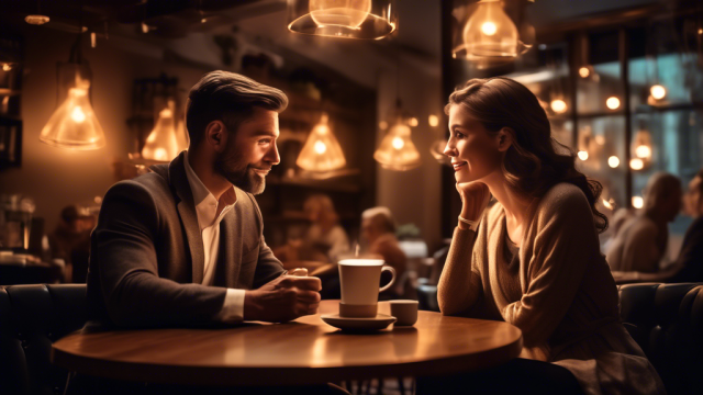 An elegant couple having a thoughtful conversation over coffee in a cozy, upscale cafe, surrounded by a list of glowing, illustrated questions floating around them like soft light.