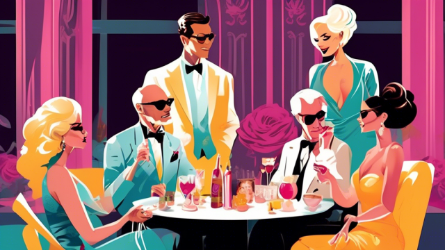 An illustrative guide showing 5 different stylish characters successfully engaging in activities to find a sugar daddy, in a glamorous and sophisticated setting, all portrayed with a hint of humor and elegance.