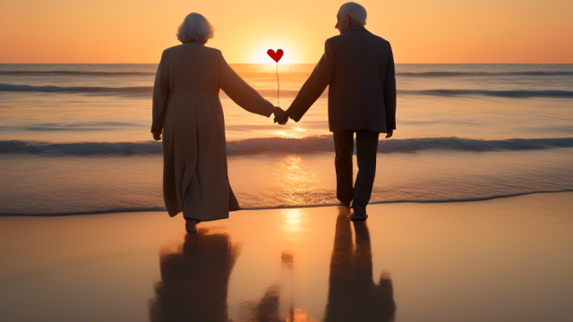 A serene image of a couple with a noticeable age difference walking hand-in-hand on a beach at sunset, with symbolic scales above them balancing heart symbols and question marks.