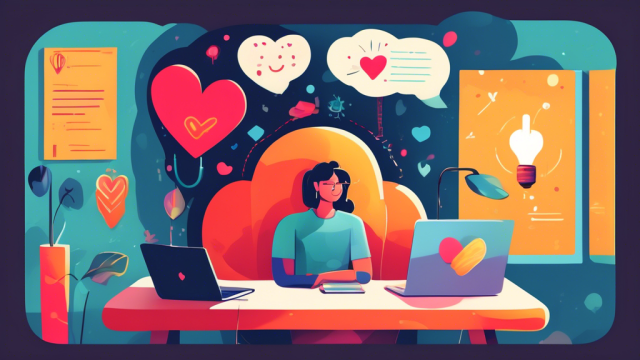 A cartoon illustration of a person sitting in a cozy room at a laptop with thought bubbles containing symbols like a heart, a lightbulb, a pencil, and an award, representing crafting the perfect dating profile.