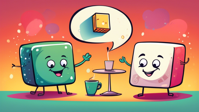 A whimsical cartoon of a sugar cube and a dollar bill sitting at a coffee table, having a friendly chat with myth-busting speech bubbles floating above them.