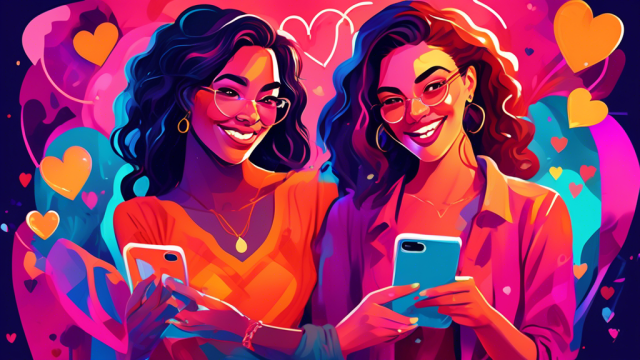 Create a vibrant digital painting illustrating a series of women confidently showcasing their unique personalities and interests through creative and attractive online dating profiles, with a focus on positivity and authenticity, set against a background of glowing, heart-shaped symbols and interconnected digital icons to symbolize connection and love in the digital age.