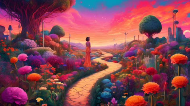 An evocative digital painting of a young woman standing at the crossroads of a vibrant, metaphorical garden, contemplating the various paths of flowers and thorny bushes, each path labeled with different attributes like 'self-realization', 'financial independence', and 'emotional maturity', under a sky transitioning from dawn to dusk, symbolizing her journey through personal growth via sugar dating.