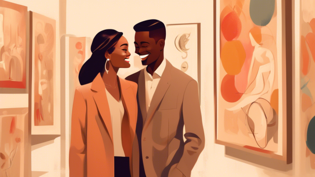 A sophisticated couple enjoying an art gallery while sharing a knowing smile, surrounded by subtle symbols of luxury and education, in a warm, muted color palette to highlight an emotional connection.