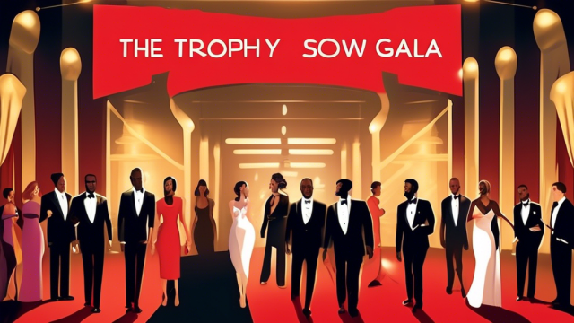 A sophisticated gala event where various couples walk down a lavish red carpet with a spotlight on a diverse group of men proudly presenting their partners, underneath a banner reading 'The Trophy Showcase Gala', with an array of puzzled onlookers analyzing the scene with mixed expressions of curiosity, admiration, and skepticism.