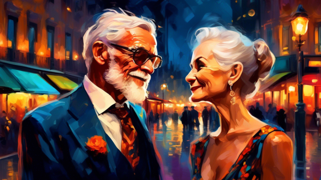 A lavish and stylish evening date between a distinguished older person and a young, fashionable companion, illustrated in a vibrant, digital oil painting style, with subtle hints of luxury and adventure under the city lights.