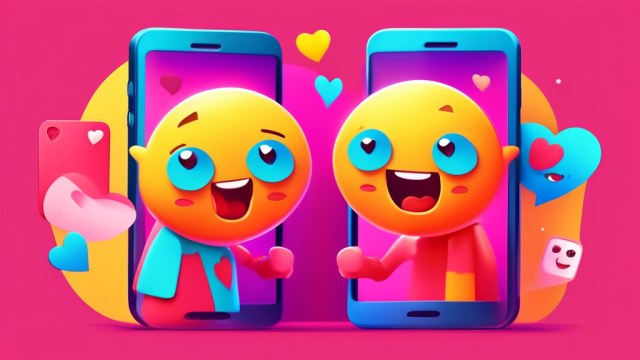 A vibrant, cartoon-style image of two cute smartphone characters with human-like faces, swiping right on each other's profiles on a dating app, surrounded by heart emojis and a banner above reading Ultimate Match!