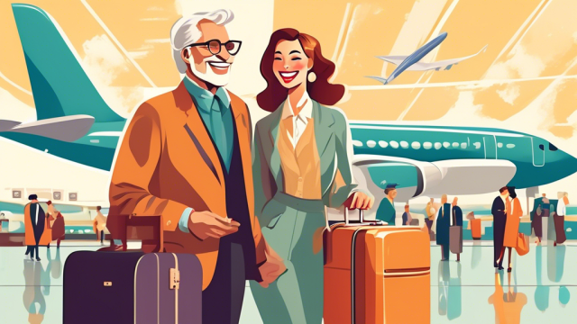 An elegant young woman smiling, holding a world map and luxury luggage, with a distinguished older man standing beside her, both at a grand airport terminal, surrounded by exclusive travel essentials and tips floating around them as symbols and text.