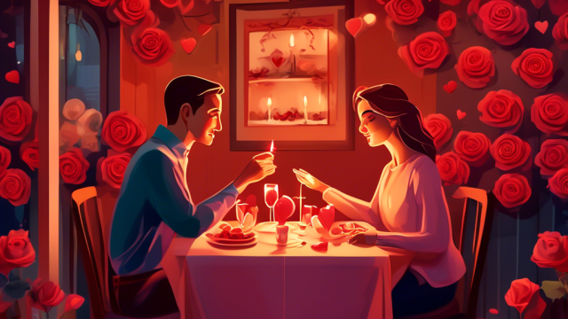 A warm, candlelit dinner scene at a quaint, cozy restaurant where a loving couple is engaged in a serene and thoughtful conversation over a shared dessert, surrounded by symbols of love like roses and heart-shaped decorations, visually illustrating the concept of effective negotiation strategies enhancing romance.