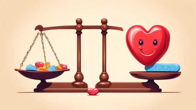 An illustrated balance scale with one side holding a heart-shaped candy representing 'sugar relationship' and the other side holding a gavel representing 'legalities', set in a courtroom environment.