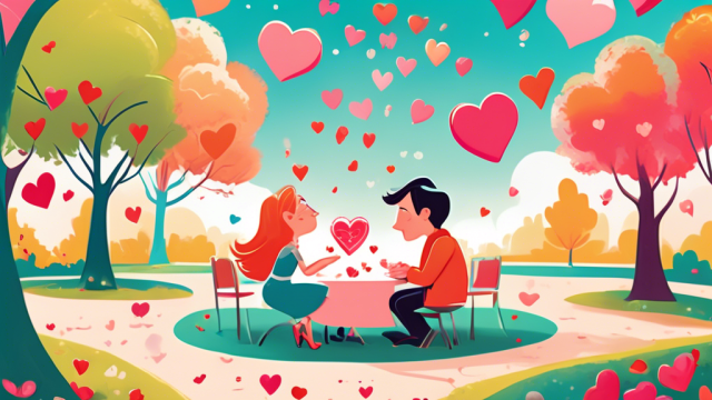 An illustrated guidebook cover featuring cartoon characters demonstrating various flirting techniques in a romantic and whimsical park setting, with love hearts floating in the air.