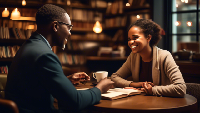 A sophisticated, elegant mentor sharing wisdom with a younger individual in a cozy, upscale coffee shop, under soft, warm lighting—both engaged in a deep, educational conversation with an air of respect and mutual benefit, surrounded by books and laptops, illustrating the concept of mentorship within sugar relationships.