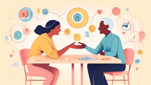 An illustrated guide on a table depicting the respectful communication between two individuals from different generations discussing boundaries and expectations, with icons representing trust, respect, and communication floating above them in a light-hearted, pastel-colored setting.