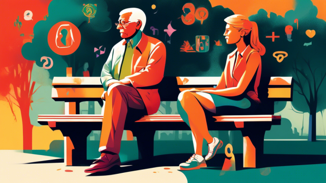 An empowering illustration of a young woman and an older man sitting on a park bench, engaging in a deep conversation, surrounded by symbols of equality and mutual respect, with the shadow of societal judgment fading away behind them.