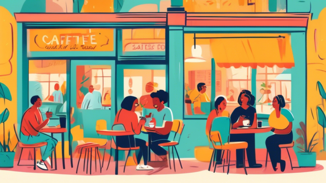 A brightly colored, cartoon-style illustration of a cheerful coffee shop. The scene includes a diverse group of people sitting at tables with coffee cups, engaging in conversation, while one person thoughtfully checks a list labeled 'Safety Tips for Online Dates' in their open hand. Visible through the large coffee shop window is a sunny park, hinting at a safe public meeting place. Each character exudes a vibe of confidence and cautious optimism.