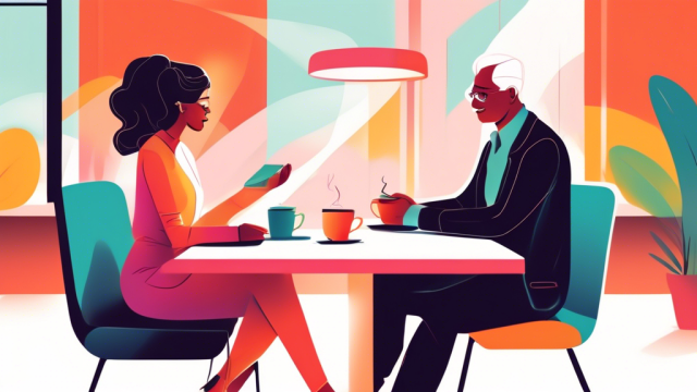 A digital illustration of a woman and an older man sitting across from each other at a coffee shop table, discussing a contract with clear, respectful boundaries outlined, in a bright and modern setting.