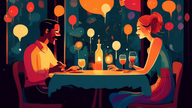 An enchanting candlelit dinner at a cozy restaurant, where a couple is engaging in a deep, thoughtful conversation, with speech bubbles illustrating intriguing questions floating above them.