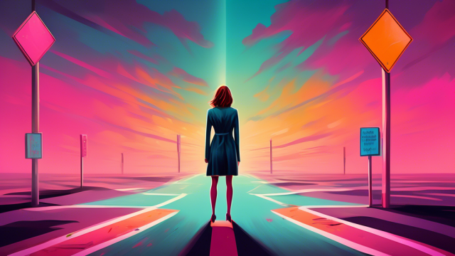 A thought-provoking digital painting of a young woman standing at a crossroads, with one path leading towards a bright future with education and career opportunities, and the other towards a shadowy figure representing a sugar-daddy, embodying the potential risks and decisions involved in sugar-daddy relationships.