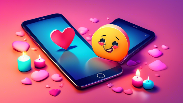 Two smartphones leaning against each other on a candle-lit table displaying a chat bubbles filled with quirky icebreaker questions, with a heart emoji floating above them, illustrating a romantic online dating setting.