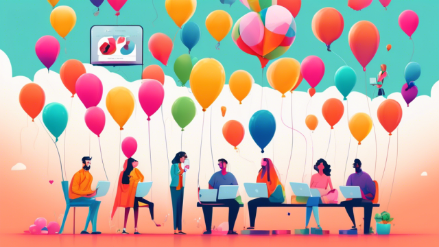 A clever illustration of diverse, animated characters browsing through a colorful and whimsical dating website interface, each showcasing a balloon with a creative and catchy username floating above their head.