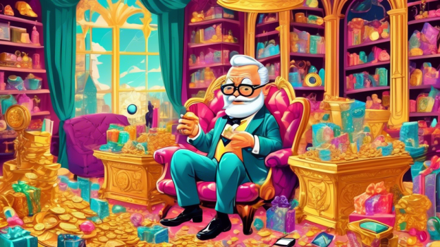 An opulent collection of luxurious gifts surrounded by heaps of glittering gold coins and dollar bills, with a cartoon sugar daddy character examining the items with a magnifying glass, all set against a backdrop of a lavish mansion.