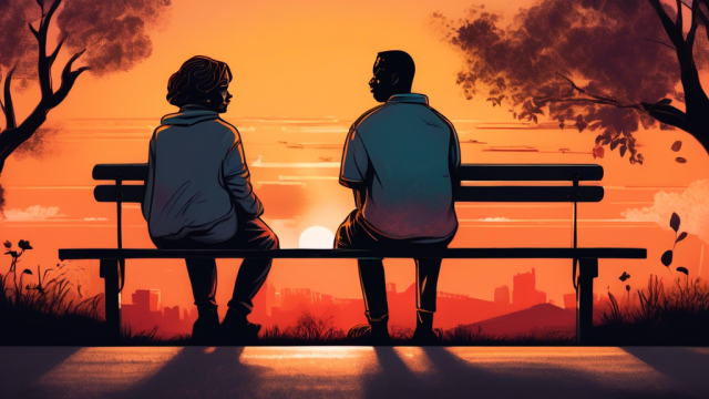 An artistic representation of two individuals sitting at a park bench having an open and honest conversation with a sunset and a symbolic scale of consent and respect in the background.