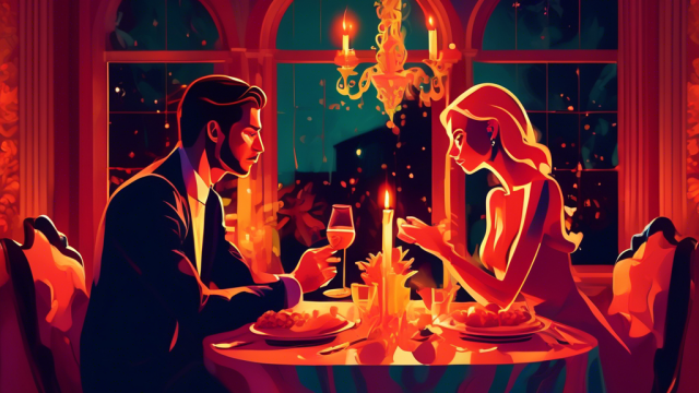 An artistic representation of complex emotional interactions between two people against a backdrop of a luxurious, yet subtly tense, candlelit dinner setting, symbolizing the dynamics of sugar dating relationships.