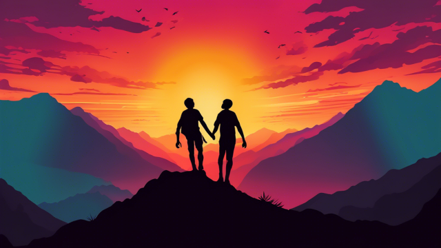 An image of two human silhouettes, one helping the other climb a steep mountain, with a vibrant sunrise in the background, symbolizing the power of companionship and empowering relationships.