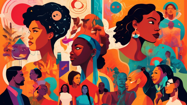 A collage of diverse women surrounded by symbols of intelligence, humor, empathy, and strength, with men observing with admiration, set in a vibrant, abstract landscape.