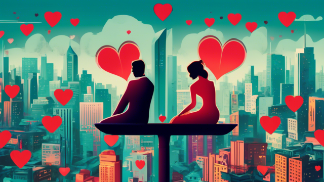 A sophisticated illustration of a couple sitting on a balance scale, one side filled with heart-shaped symbols representing intimacy and the other side filled with currency symbols representing finance, set against a backdrop of a romantic yet pragmatic urban skyline.