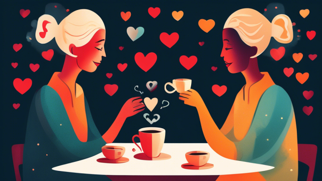 An illustration of two people, elegantly dressed, sitting opposite each other in a cozy, upscale cafe, engaged in a deep conversation over coffee, with heart symbols floating above their heads to indicate a strong connection.