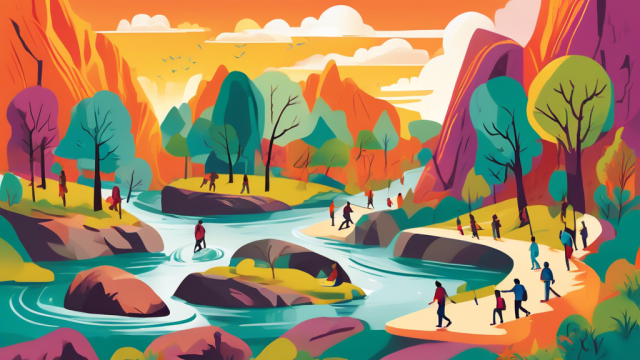 A serene landscape showing various people on different paths, each overcoming obstacles like large rocks, deep rivers, or dense forests, symbolizing unique coping strategies for common challenges, under a bright sky radiating hope.