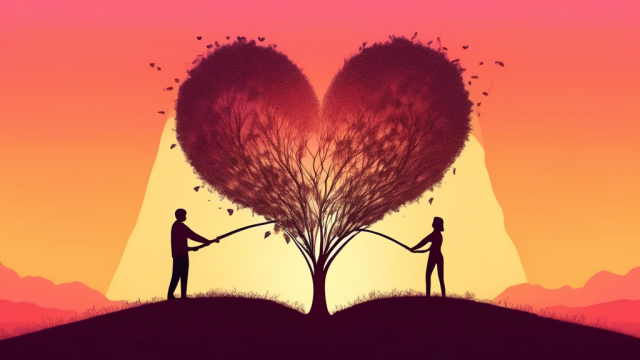 An image of two people planting a tree together in the shape of a heart, symbolizing growth and trust in a relationship, with a serene sunset in the background.