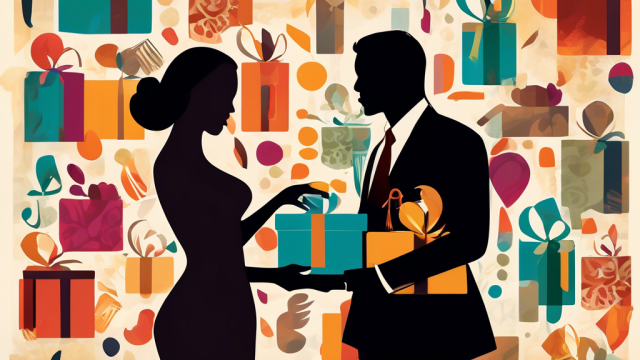 An artistic representation of diverse financial arrangements displayed as symbols (cash, gifts, contracts) interwoven with silhouette profiles suggesting a sugar relationship, against a backdrop of a sophisticated, neutral-toned abstract pattern.