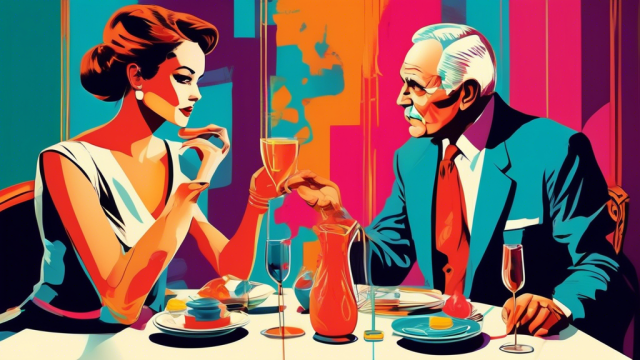 Diplomatic discussion at an elegant dinner table between a younger woman and an older gentleman, conceptualizing resolving differences in a sugar relationship, with a neutral mediator present, in a stylized pop art style.