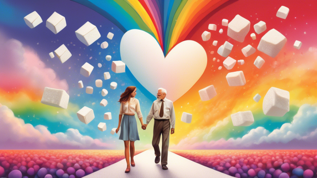 An elegant illustration of a young woman and an older man holding a navigational compass between them, walking on a path made of intertwined sugar cubes, with a backdrop of an emotional spectrum rainbow in a heart-shaped sky.