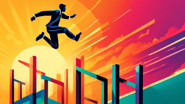 A colorful, inspiring illustration of a person leaping over a series of increasingly taller hurdles, with a sunrise in the background symbolizing hope and progress, each hurdle labeled with different challenges such as 'Doubt', 'Fear', 'Failure', and 'Criticism', leading towards a finish line marked 'Success'.