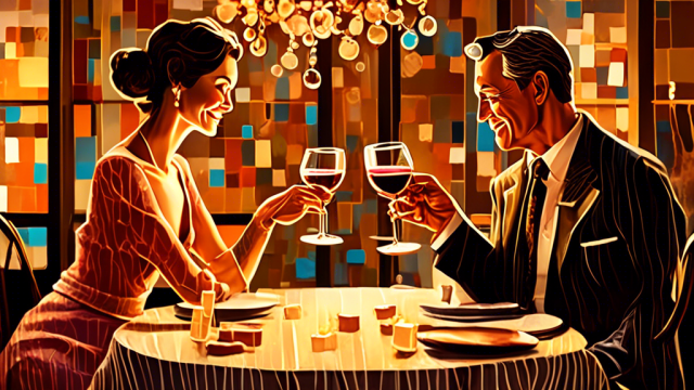 A warmly lit, elegant dining room scene where a mature, well-dressed man and a younger woman are sitting across from each other, sharing a toast with glasses of wine, conveying a sense of mutual respect and trust, with subtle sugar cubes artistically integrated into the decor to symbolize the sugar relationship context.