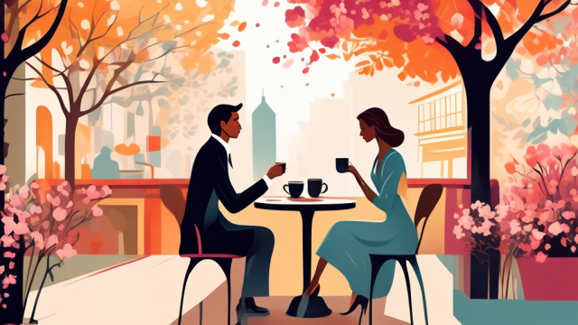 An elegant couple having a calm and respectful conversation over coffee in a cozy, upscale café, with symbolic images of new beginnings like blossoms and an open pathway in the background.