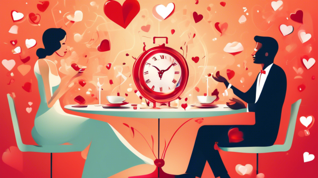 A romantic dinner at a high-class restaurant with a couple deeply engaged in conversation, showcasing the evolution of their relationship, with symbolic icons like a clock indicating time spent and heart-shaped sugar cubes scattered around.