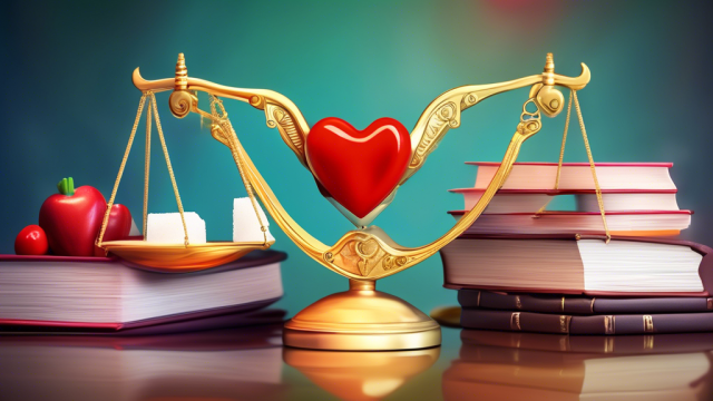 An elegant scales of justice balancing a heart and a bag of sugar against a backdrop of legal books and contracts, symbolizing the legal intricacies of sugar relationships.