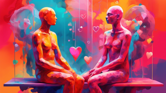 A digital painting depicting two human figures, one representing 'sugar' in a colorful, enticing form and the other as a person in contemplative pose, separated by a semi-transparent barrier that symbolizes emotional challenges, with abstract symbols of hearts and question marks floating around them, set against a backdrop of contrasting warm and cool colors, encapsulating the perplexity of their partnership.