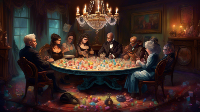 A thought-provoking digital painting showcasing diverse individuals sitting around an antique round table, discussing the complexities and stigmas of sugar relationships, with symbolic items like scales of justice, masks, and scattered sugar cubes on the table, under a dimly lit chandelier in a Victorian-style room, embodying the essence of understanding and judgement.